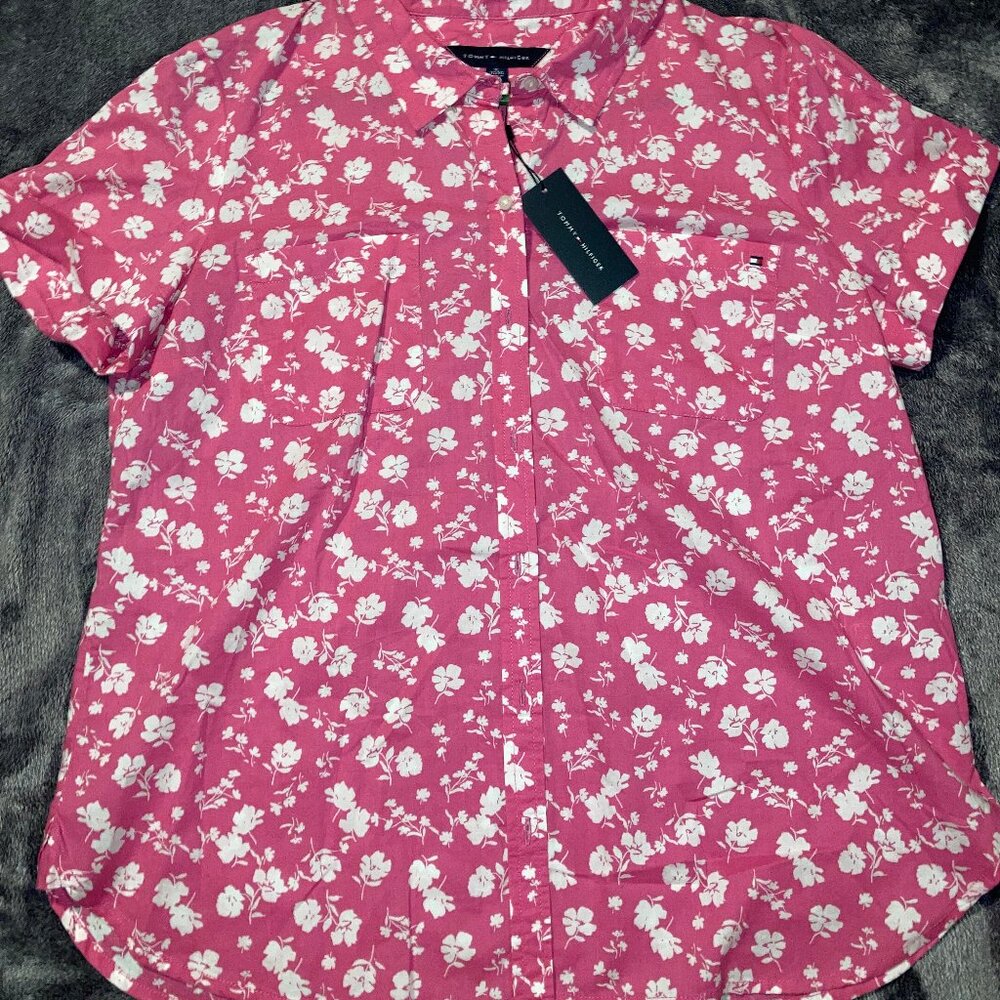 Tommy Hilfiger Pink Polo Camp Short Sleeve Shirt with White Flowers (NWT) XL